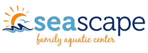Seascape Family Aquatic Center logo with a stylized sun setting over waves, and the words "seascape" in blue and "family aquatic center" in orange script
