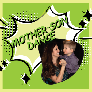 Green superhero graphic with mom and son dancing