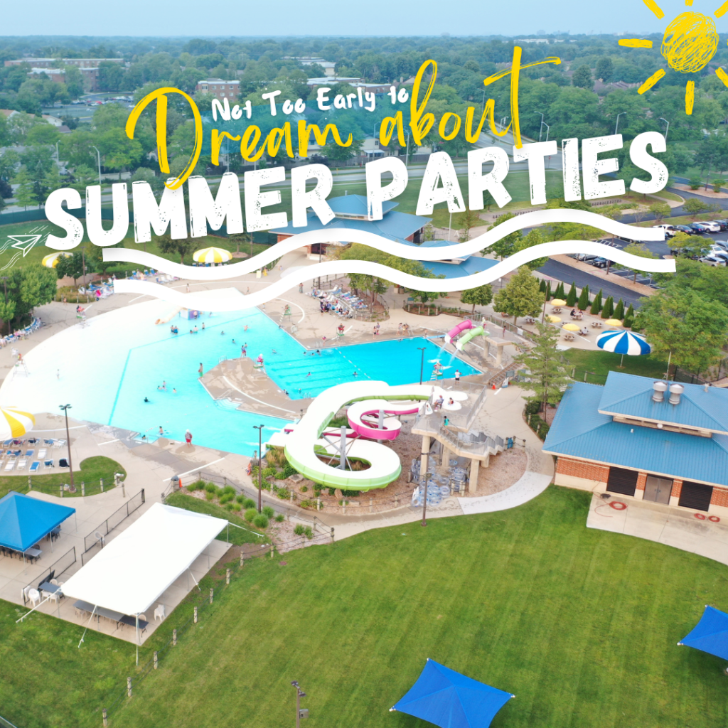 Seascape arial shot of slide and Tents with title Not to Early to dream about summer parties