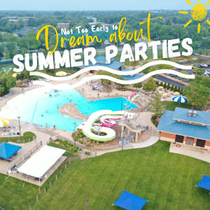 Seascape arial shot of slide and Tents with title Not to Early to dream about summer parties