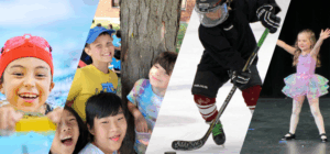 An image of kids-swimming, at Camp, playing hockey, and at a dance recital