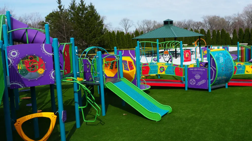 a playground with colorful play equipment