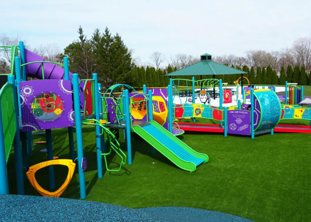 a playground with colorful play equipment