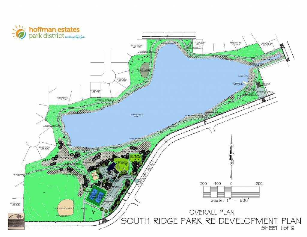 Project plan for South Ridge Park. The image shows the lake, location of updated play features and new amenities