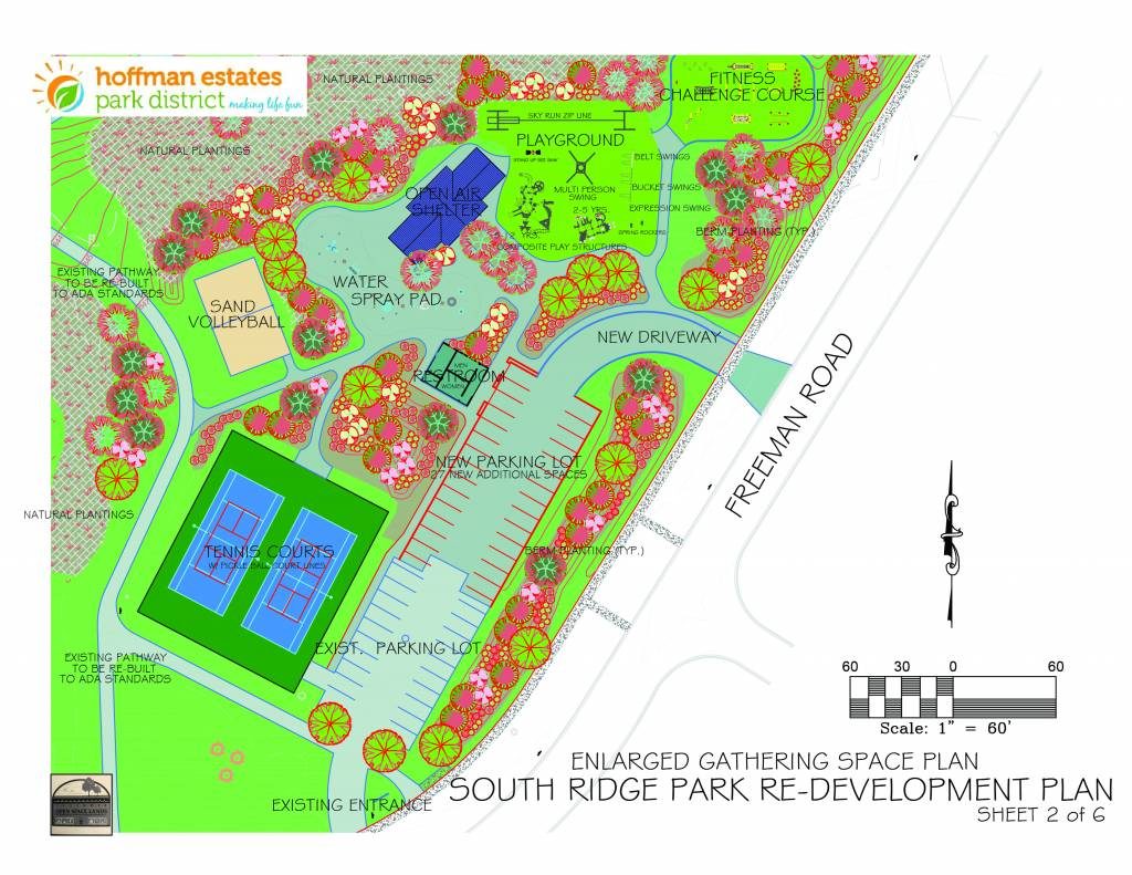 Proposed plan for South Ridge park construction showing extended parking lot, tennis/pickleball courts, splash pad, playground, fitness court, picnic shelter, restrooms and volleyball. 