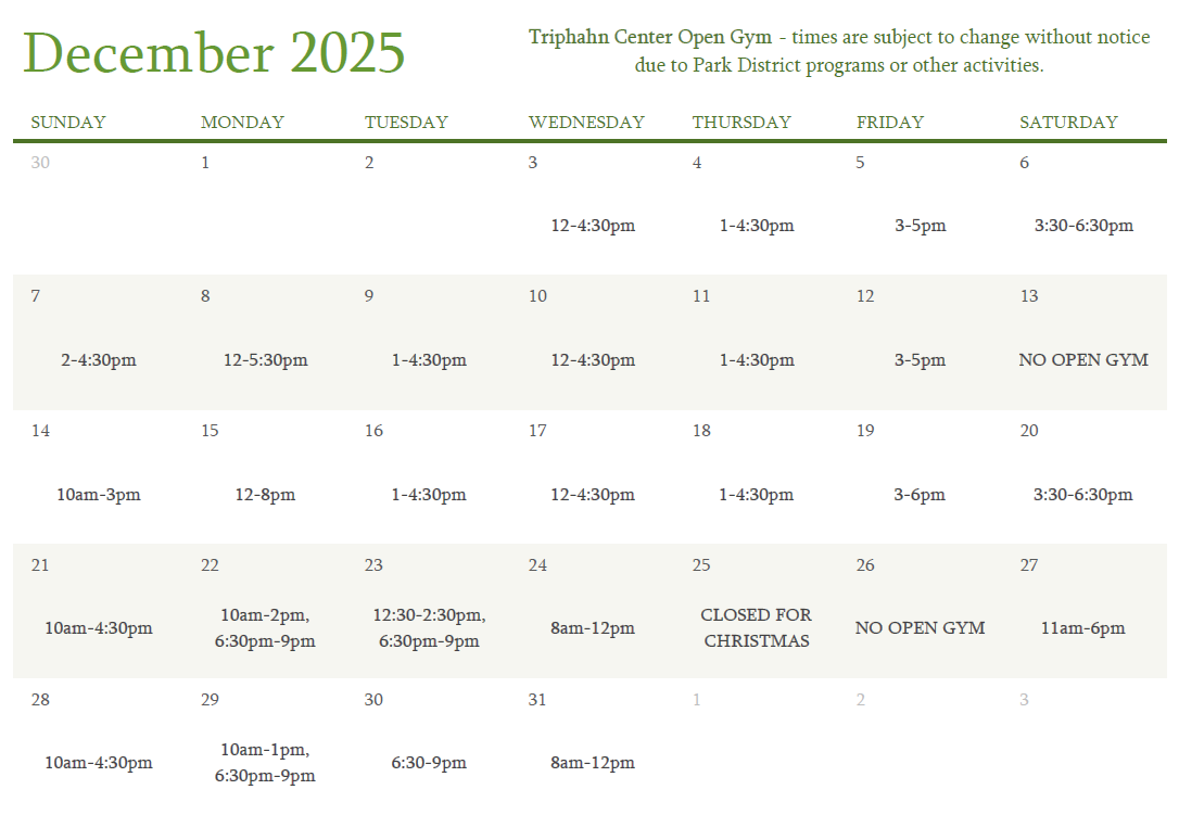 december open gym calendar
